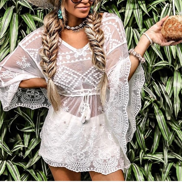 Other - SOLD OUT CLEARANCE Scalloped Embroidered Sheer Lace Boho Coverup Top